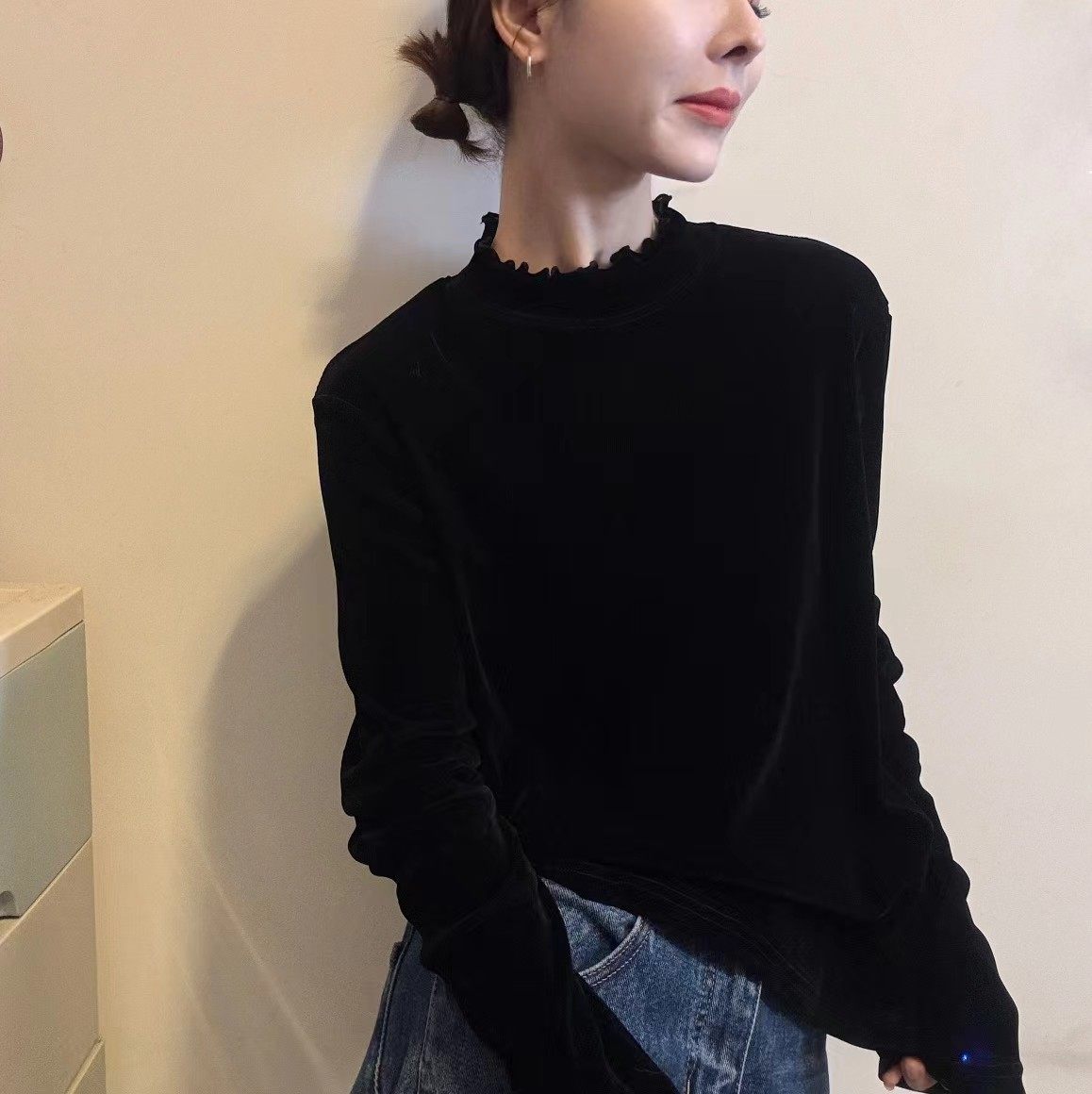 黑色半高领木耳花边立领体恤衫女长袖T恤欧货百搭洋气打底衫上衣,女装/女士精品,T恤,淘宝优惠券,粉丝福利购,淘宝优惠卷