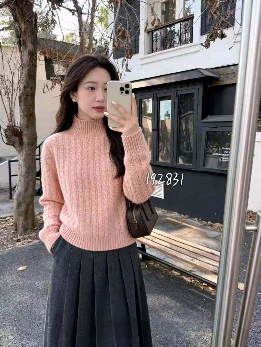 韩系正品珠片亮丝半高领麻花毛衣女冬季新款长袖宽松慵懒风针织衫