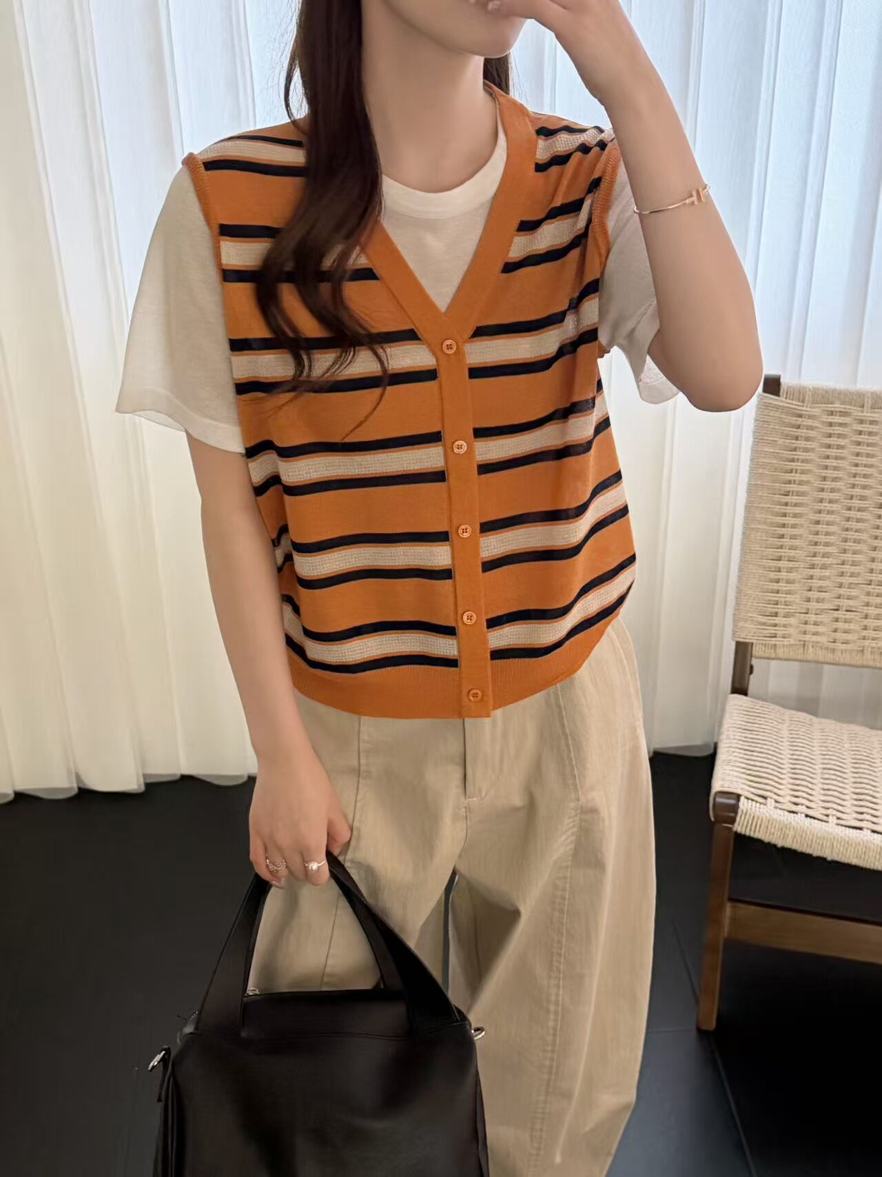 爆款假两件2026早春新款韩版宽松显瘦圆领短袖针织条纹针织衫女