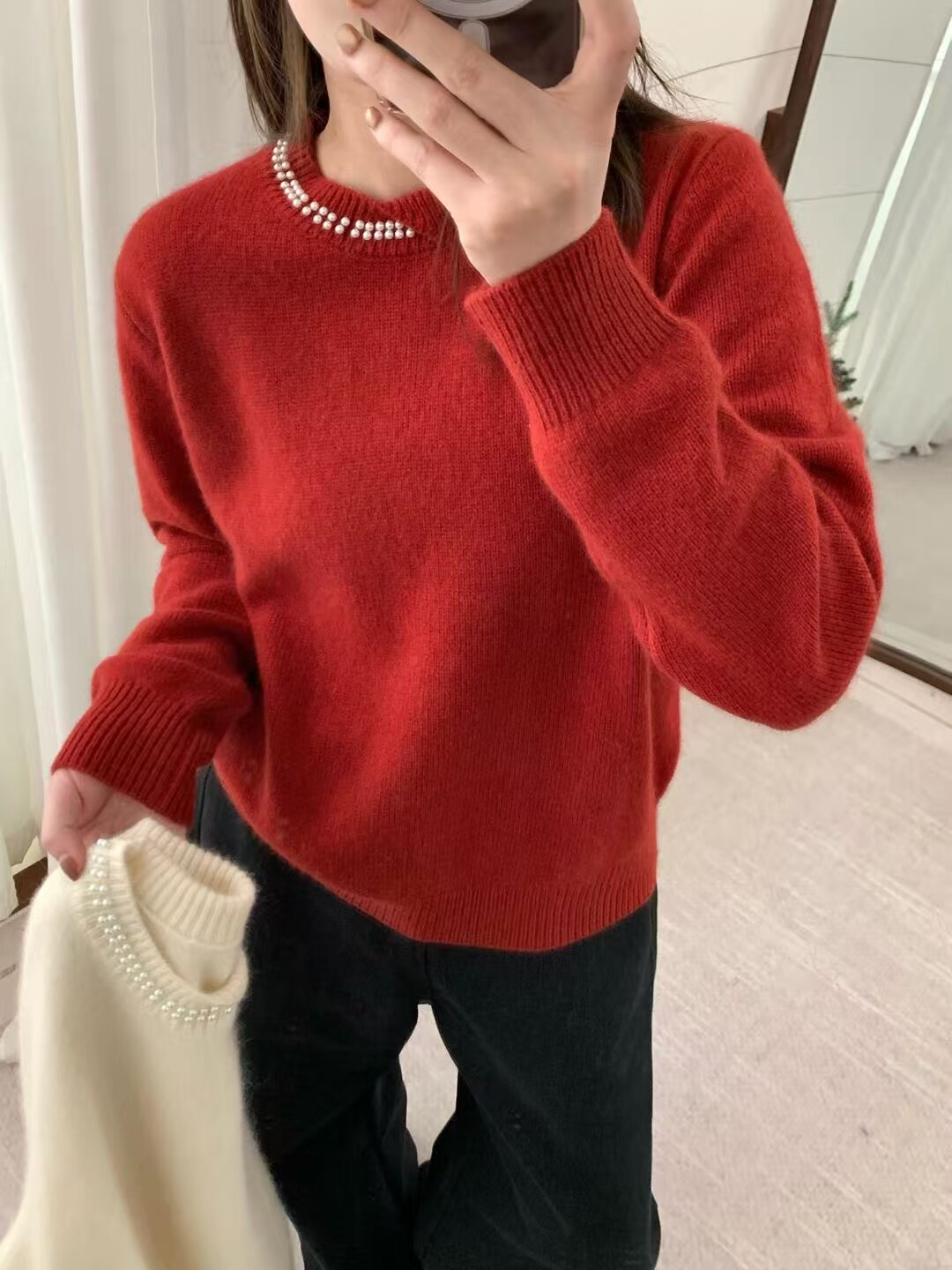 1158小浣熊韩系圆领珍珠设计软糯针织衫宽松套头毛衣2025秋冬新款