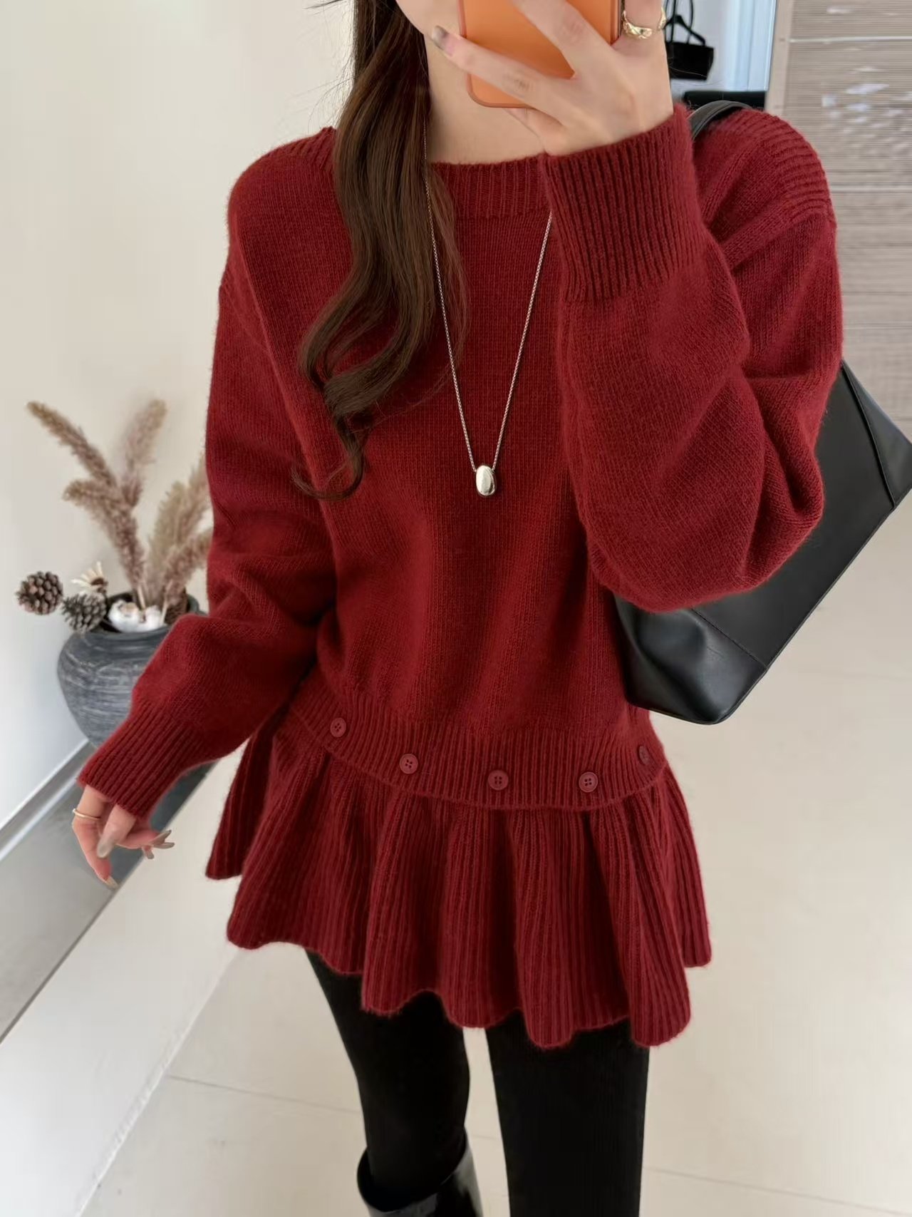 羊毛兔毛混纺25218温柔风一字领下摆可脱卸荷叶边针织衫别致毛衣