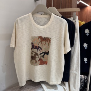 休闲慵懒风小马提花亚麻针织T恤女短袖圆领百搭显瘦减龄打底衫潮