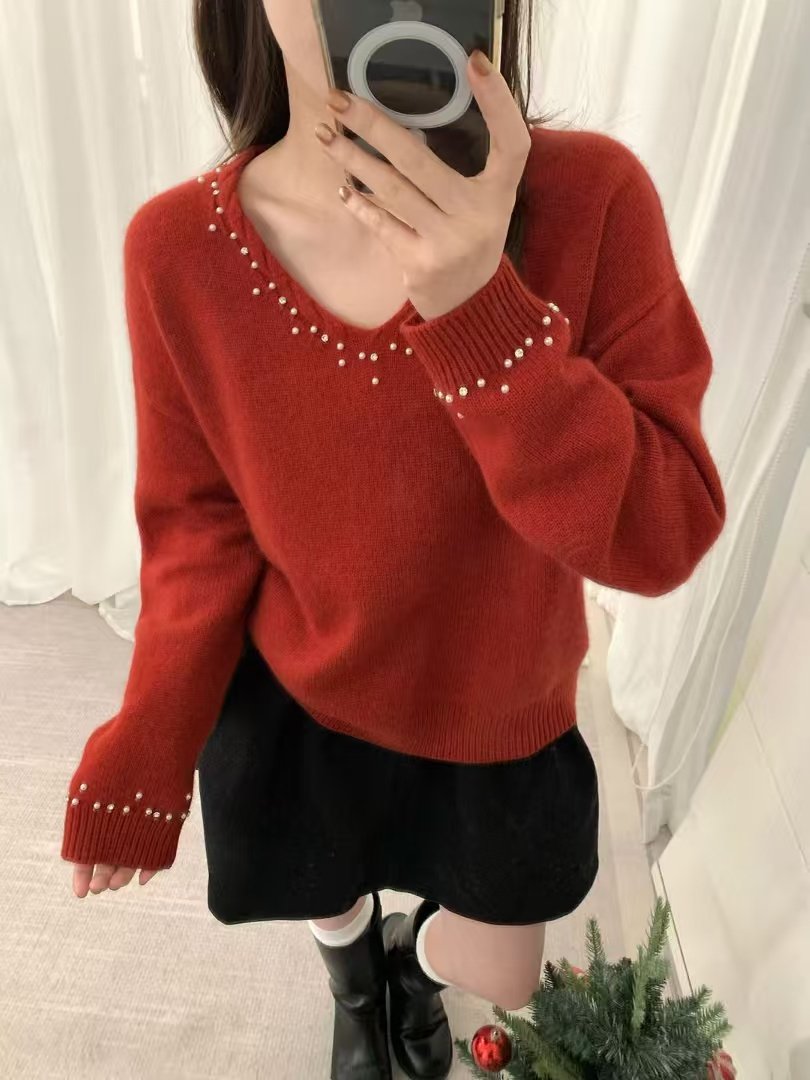 1161韩系V领钉珠软糯浣熊绒针织衫宽松显瘦毛衣女2025秋冬新款