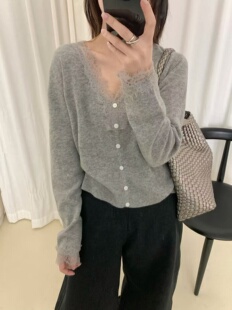 韩系V领蕾丝花边100全羊毛柔软纯色短款 6008 显瘦百搭毛衣针织衫