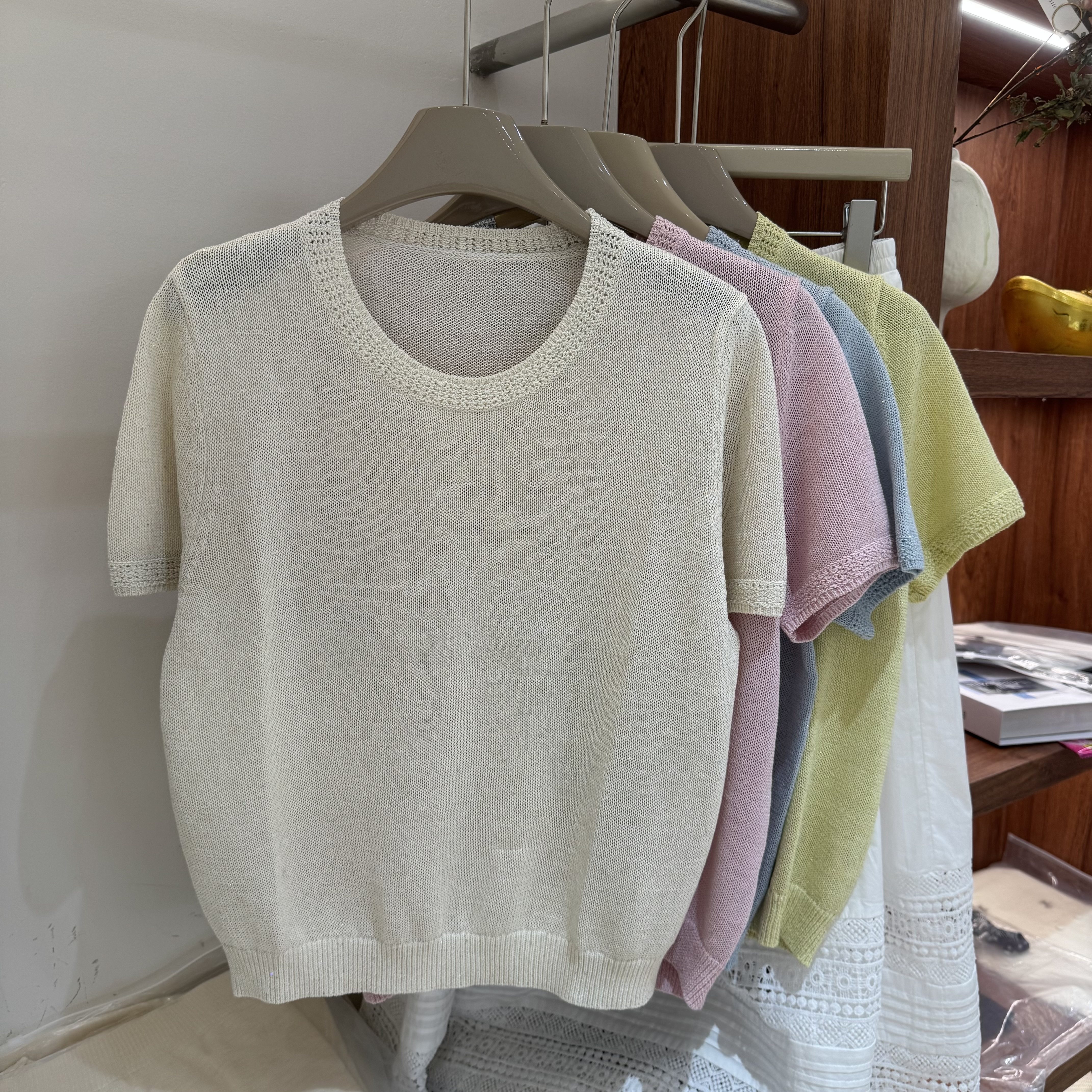 和纸纱短款宽松简约时尚亮片针织衫女夏装新韩系百搭短袖上衣9850