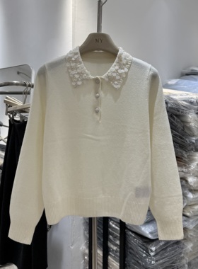 33853韩系100绵羊毛重工亮片翻领半开纽扣针织衫时尚百搭毛衣外套