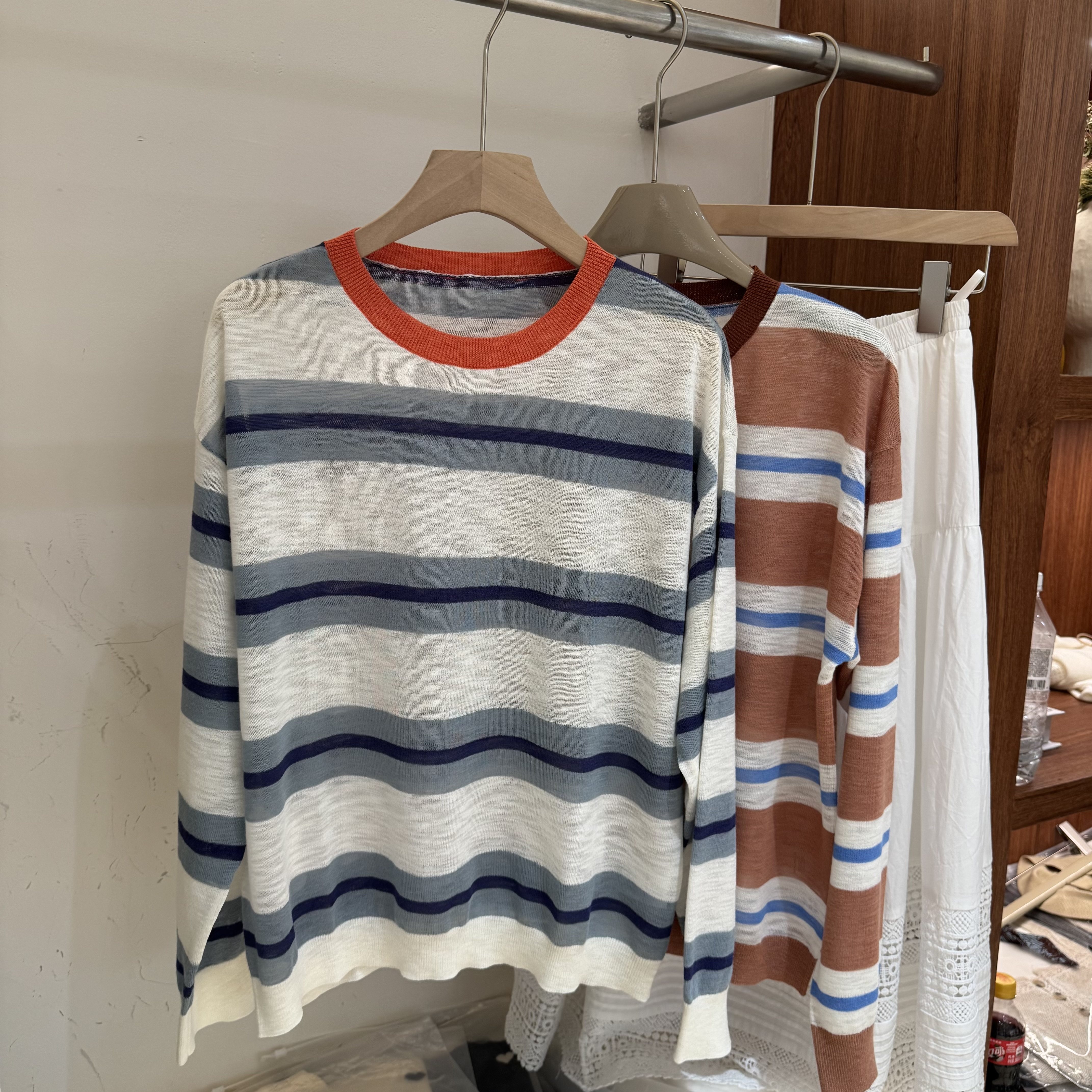 长袖针织衫女套头毛衣上衣夏季薄款冰丝亚麻圆领条纹拼色舒适百搭