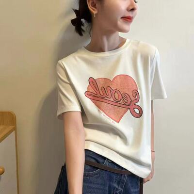 32012正品2026夏季新品圆领宽松显瘦爱心字母印花短袖打底T恤衫女