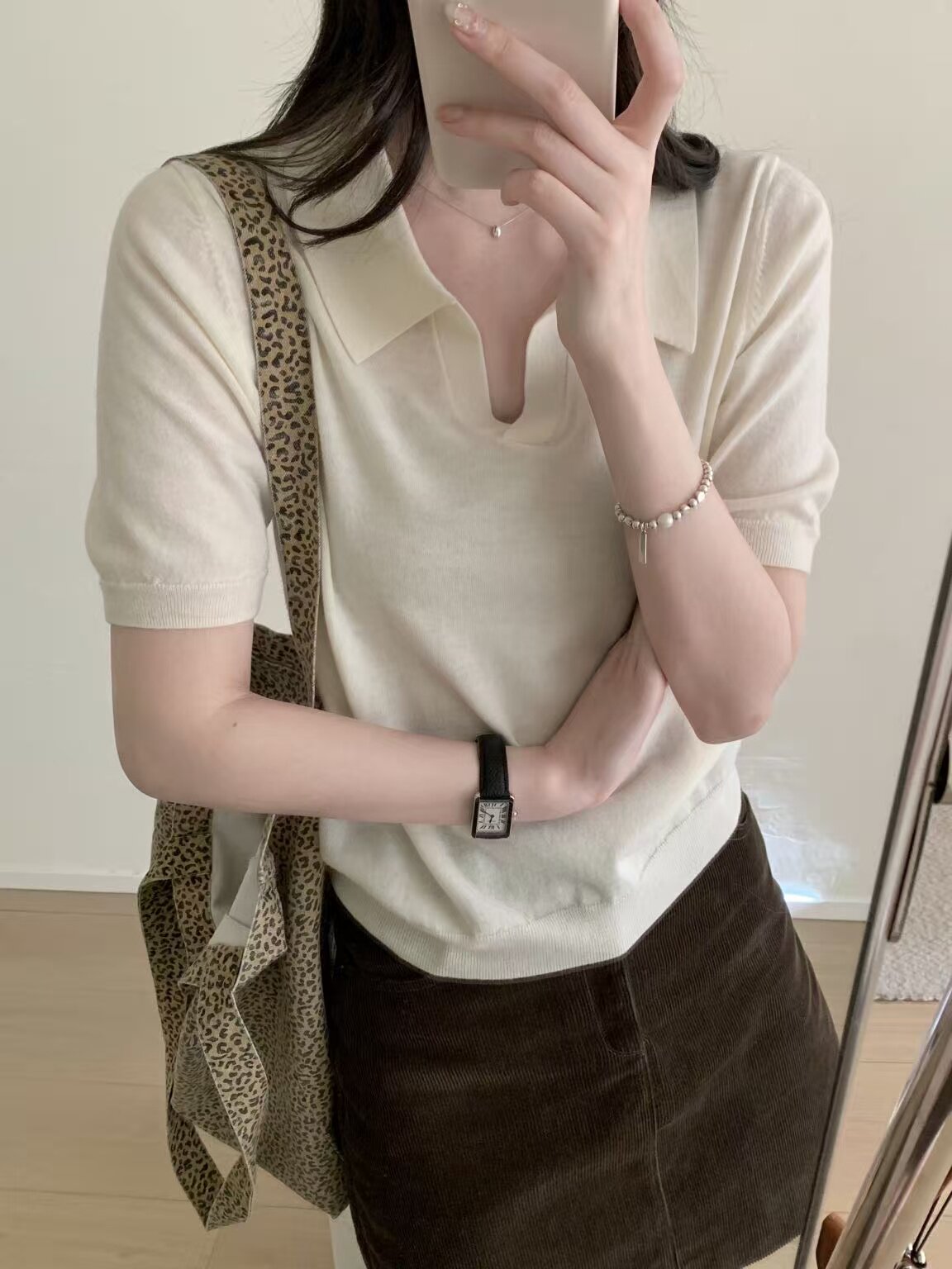 韩系简约通勤纯色POLO短袖美丽诺全羊毛针织衫显瘦百搭上衣22218