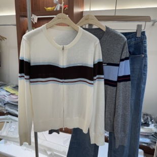 韩范时尚撞色条纹拉链针织开衫女百搭显瘦薄款毛衣开衫上衣802