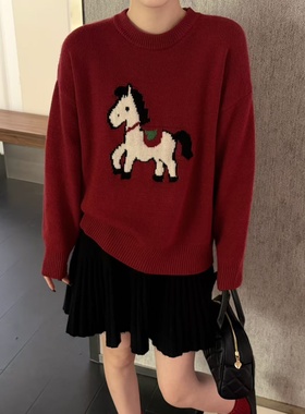羊毛兔毛88129卡通小马提花毛衣红色圆领长袖可爱休闲减龄针织衫