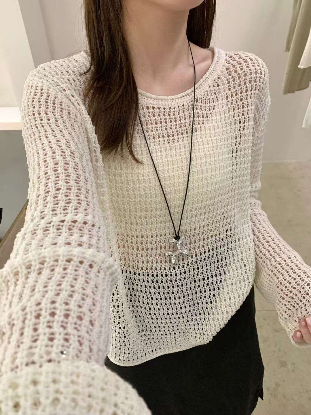 9861天爽亚麻2026春新款韩版圆领套头镂空薄款长袖针织罩衫女毛衣