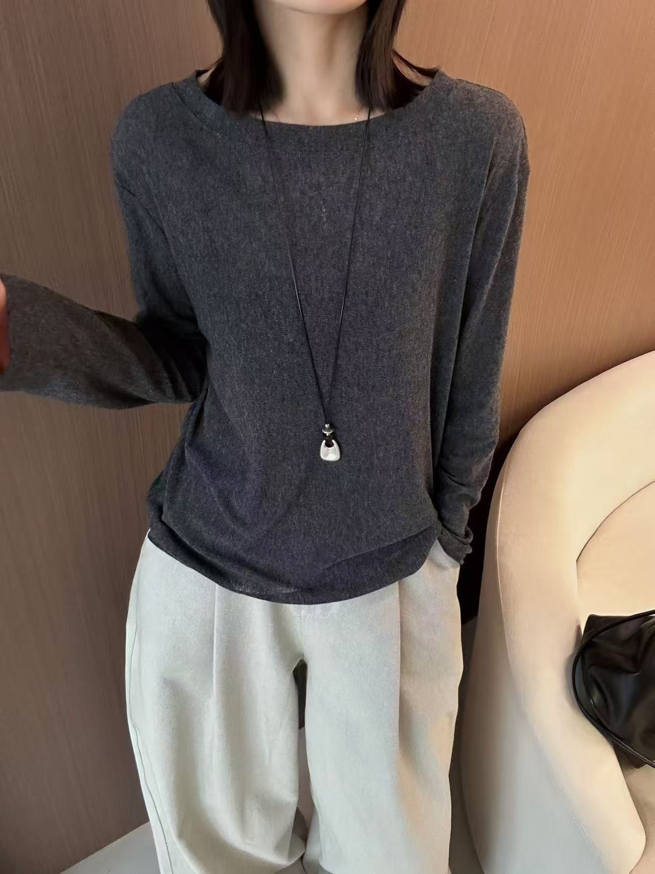 HMY正版早秋新款韩范一字领拉肩宽松百搭长袖打底T恤衫女潮32757