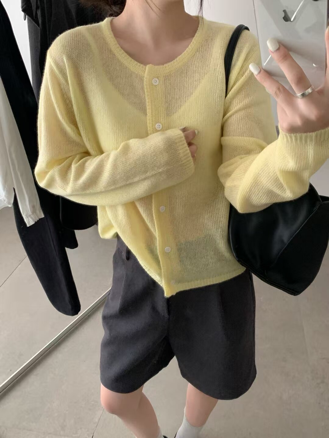 韩系薄款春款简约圆领纯色宽松丝羊绒羊毛显瘦长袖针织开衫1106