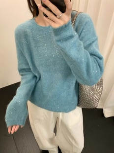 欧货拉毛亮片羊毛时尚圆领长袖针织衫宽松慵懒风套头毛衣女26699