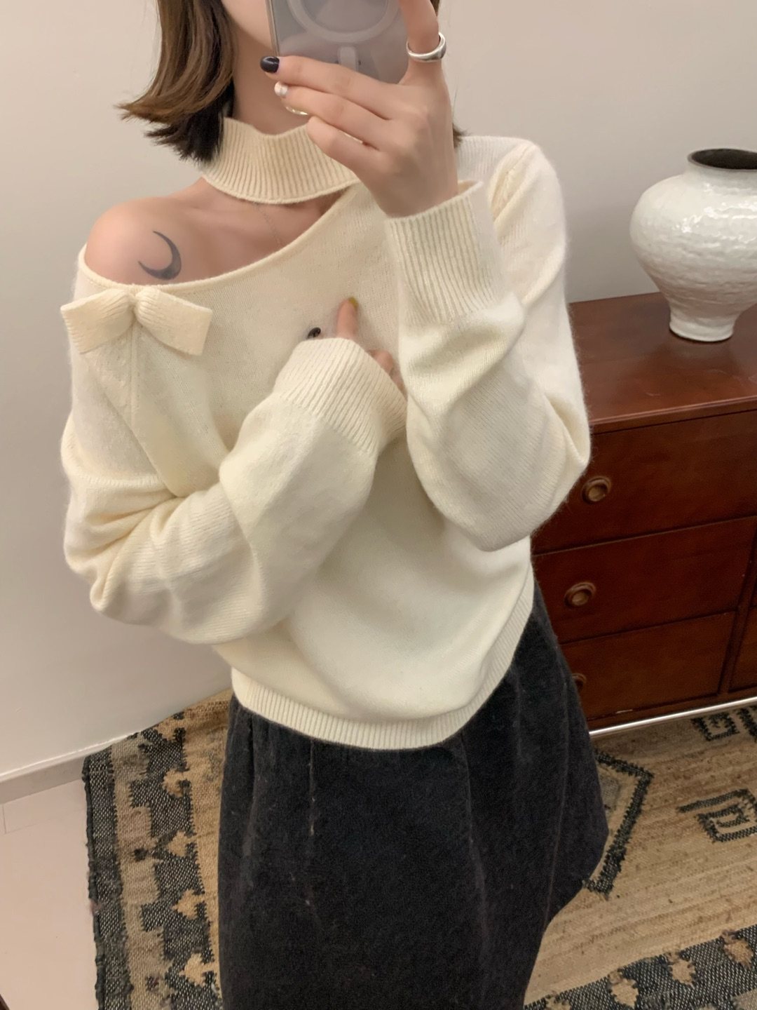 100%羊毛韩系慵懒感露肩蝴蝶结针织衫毛衣女2025冬宽松百搭上衣,女装/女士精品,毛针织衫,淘宝优惠券,粉丝福利购,淘宝优惠卷