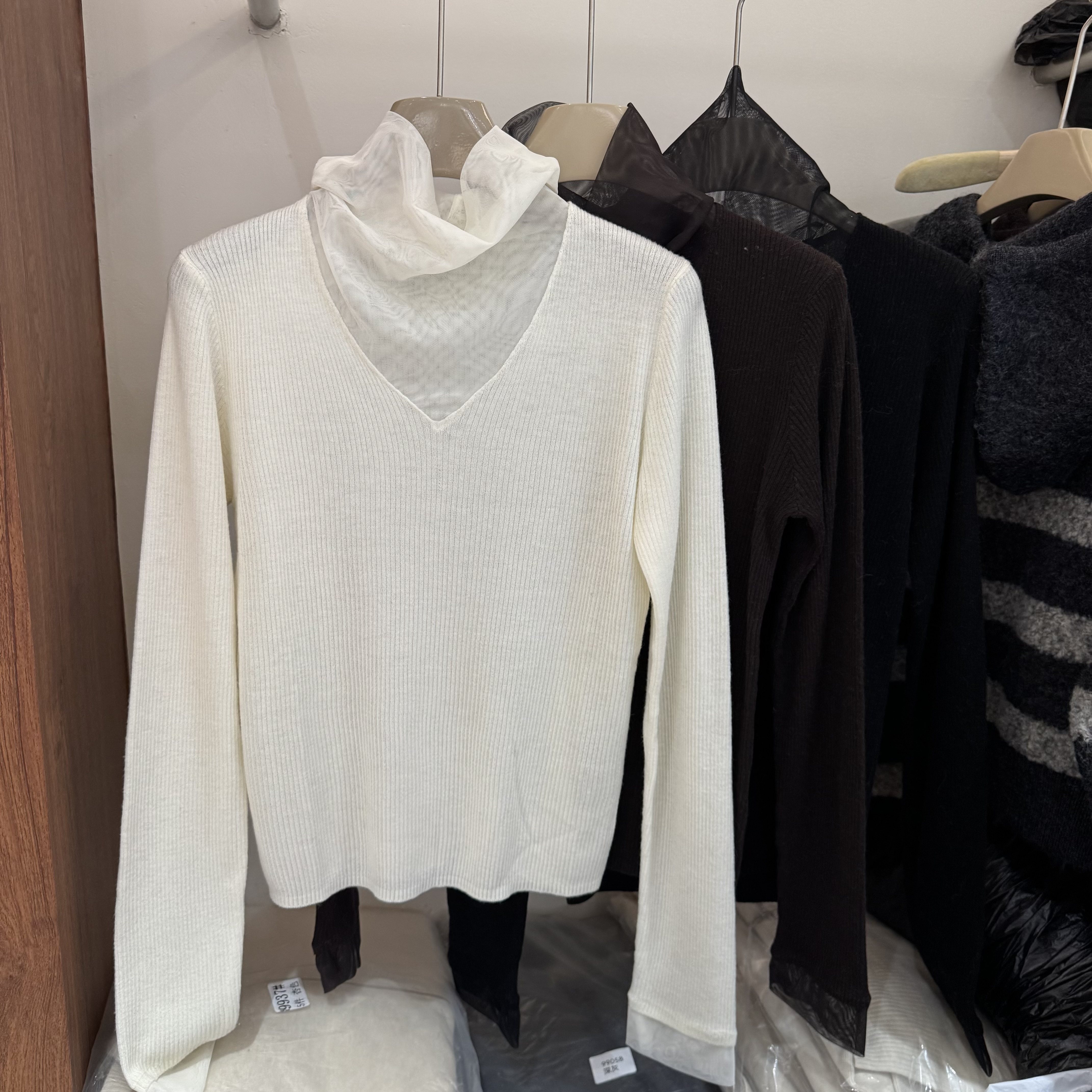 M58120秋冬新品2026堆堆领口拼纱洋气长袖针织衫毛衣女修身打底衫