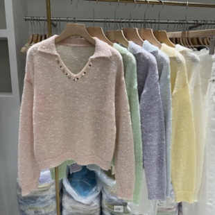 马海毛时尚气质翻领简约高级感小香薄款透视毛衣软糯针织衫软糯潮