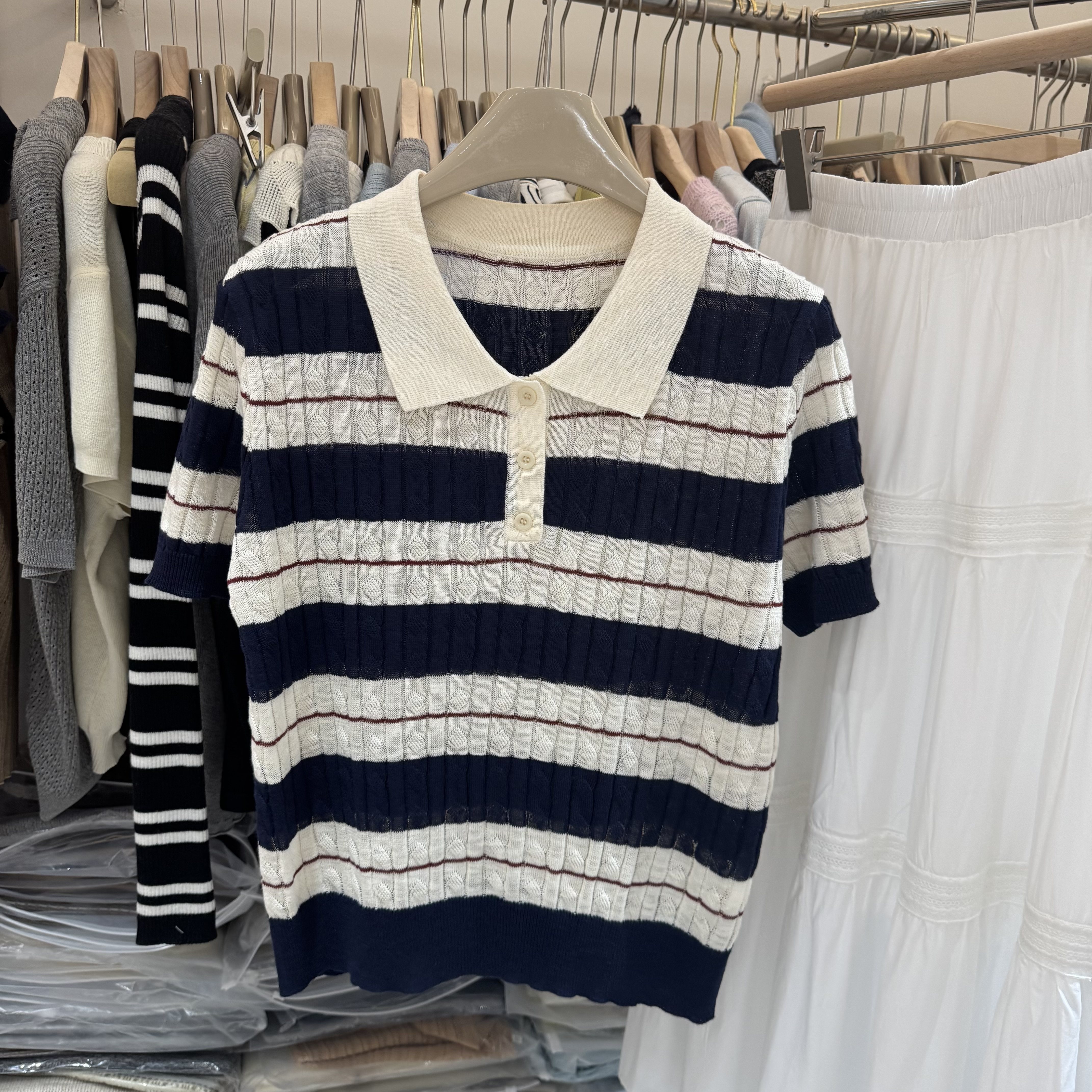 欧洲站2026春夏新款女士翻领麻花纹条纹拼色竹节麻短袖欧货针织衫