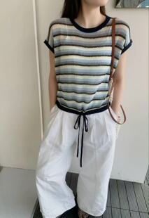 夏季 下摆抽绳收腰显瘦设计感上衣 女 韩系撞色条纹镂空针织短袖