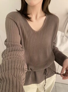 韩系简约洋气V领亚麻针织衫 6659 女配腰绳无缝一体浅春色针织衫