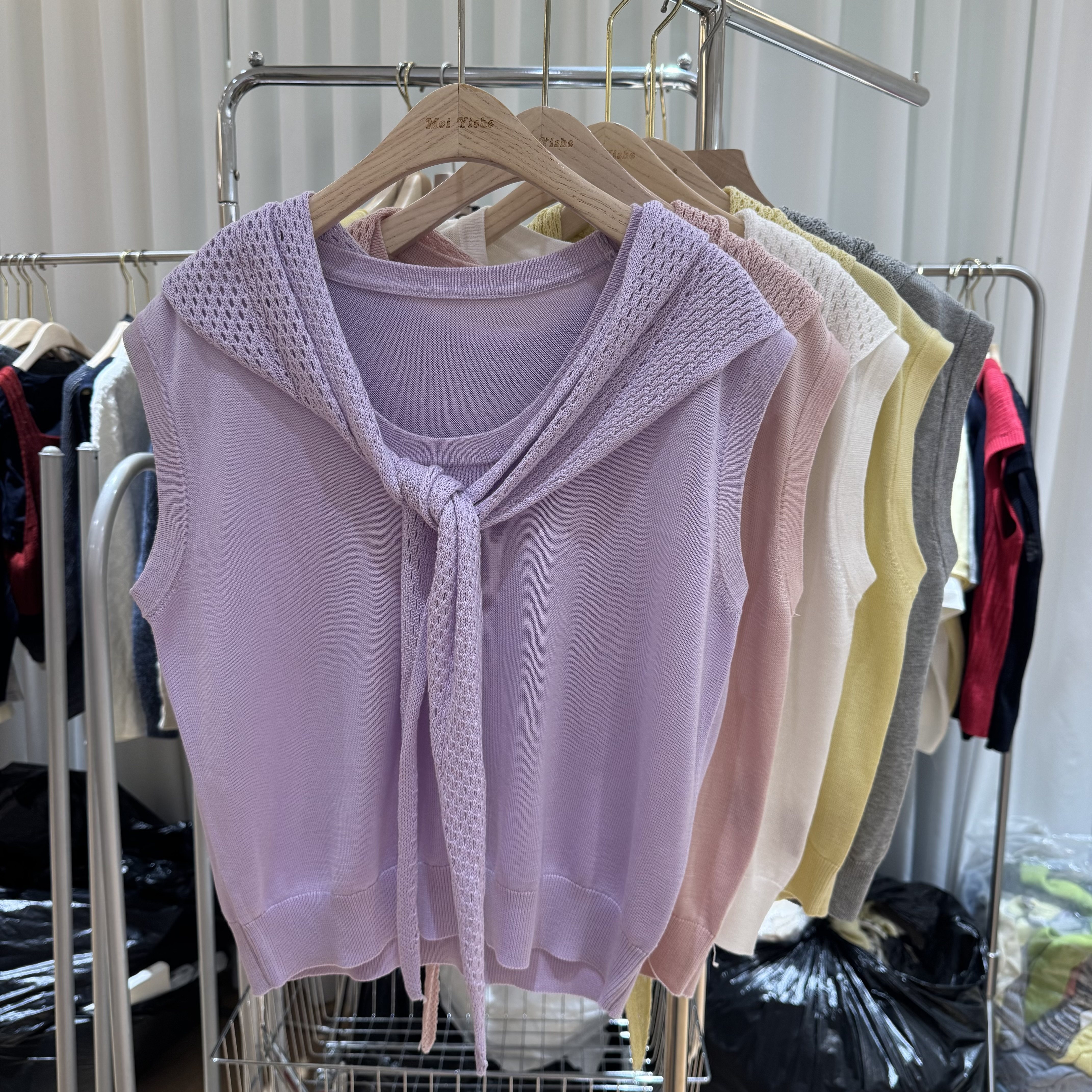 韩范洋气镂空披肩针织背心女叠穿两件套气质马甲套头上衣330160