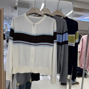 韩范时尚撞色条纹拉链针织开衫女百搭显瘦薄款毛衣开衫上衣802