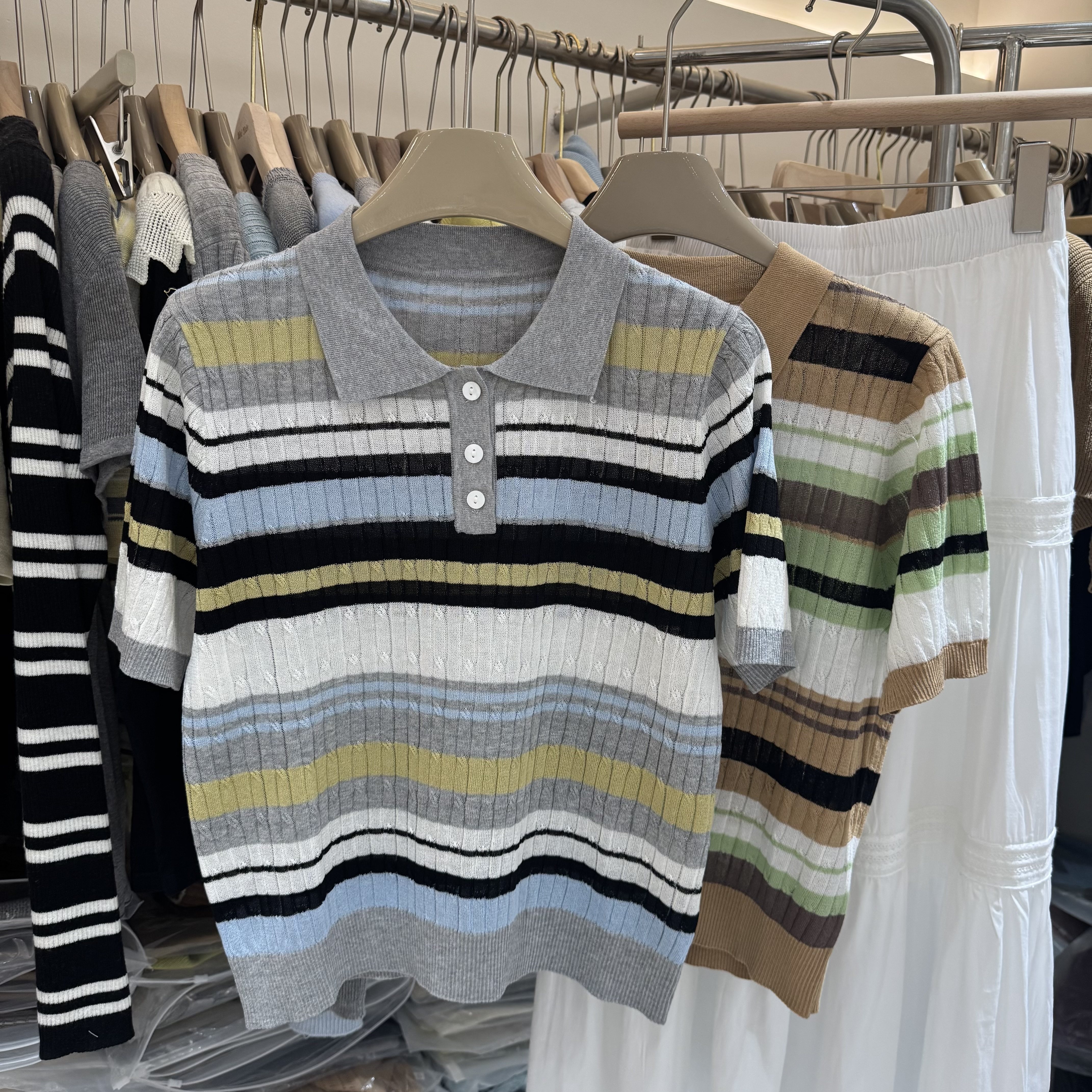 欧洲站2026春夏新款女士翻领麻花纹拼色珍珠麻短袖欧货时尚针织衫