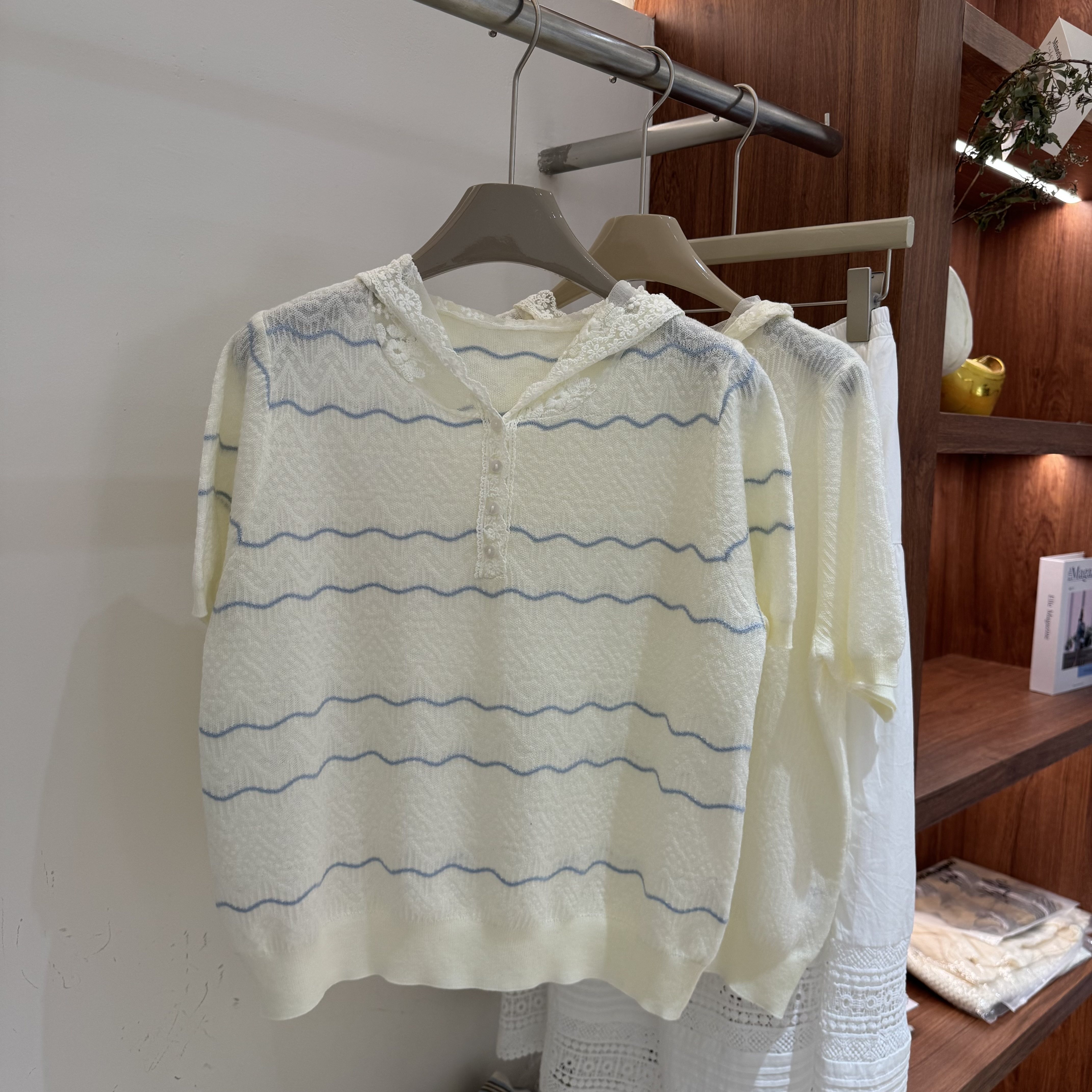 帽蕾丝拼接连帽短袖针织衫女显瘦毛衣上衣冰丝薄款亚麻夏季蕾丝衫