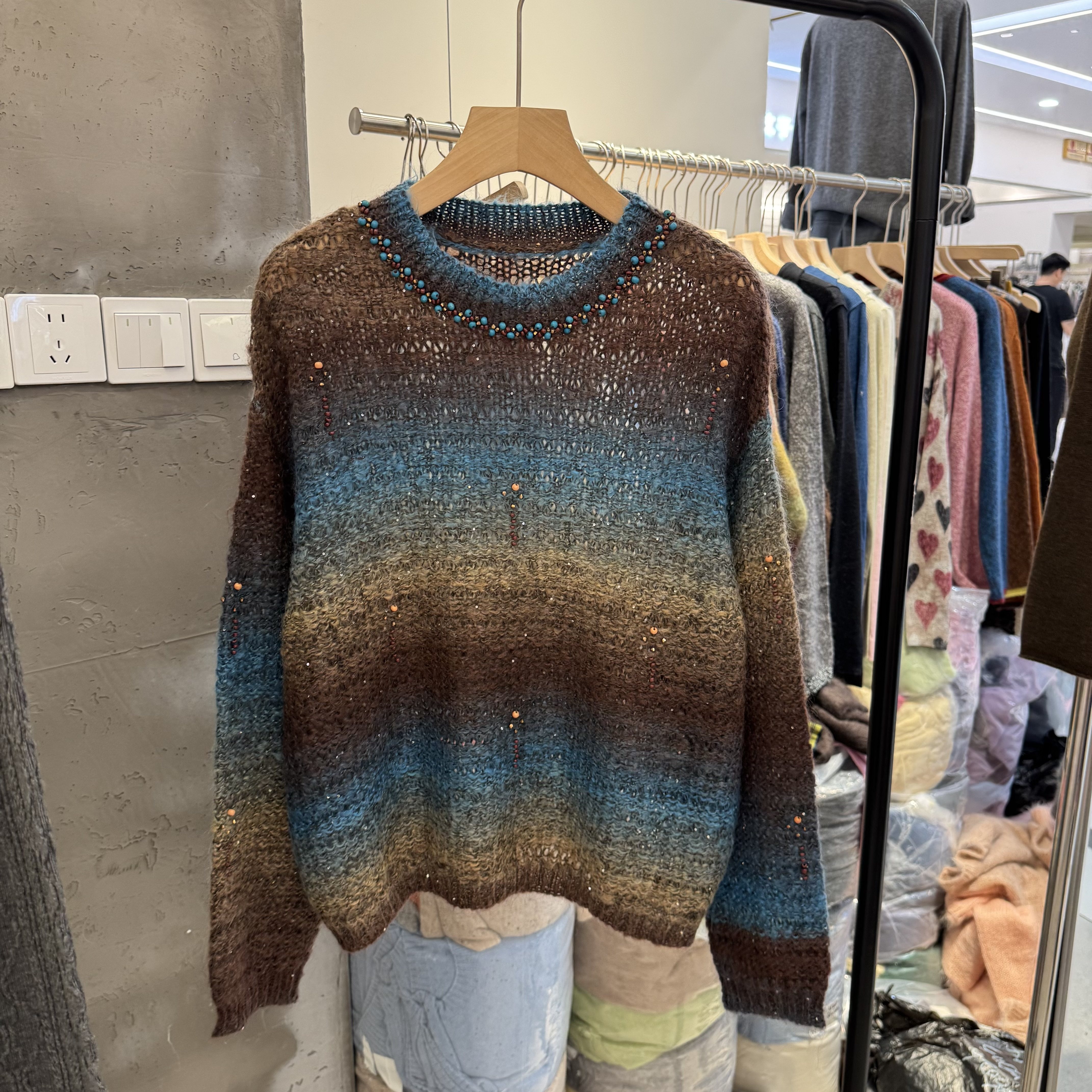 欧洲站2026秋季新款欧货女装晕染条纹钉珠套头长袖针织上衣99688