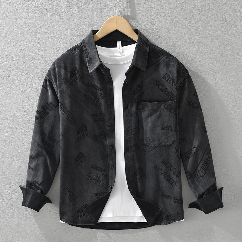 2026春秋男士牛仔衬衫夹克中性小码日系休闲潮流印花纯棉衬衣外套