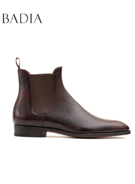 新款男款切尔西靴方头酒红博物馆小牛皮牛皮大底手缝沿条系列