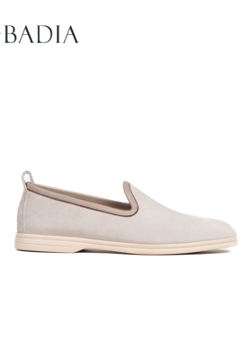 2026男款休闲乐福鞋白灰色头层牛反绒皮天然橡胶底