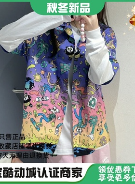 中国李宁 夏季新款男女运动休闲潮流滑板涂鸦短袖T恤衬衫 ASHT017