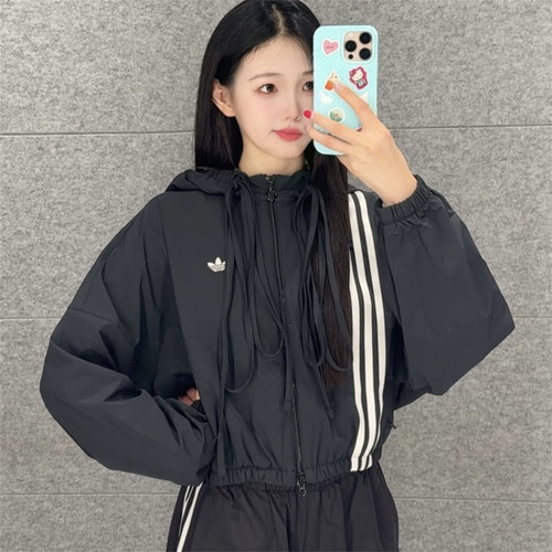 Adidas三叶草 女子运动休闲潮流梭织流苏连帽宽松夹克外套 JX2698