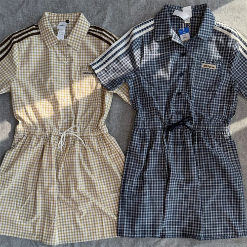 Adidas三叶草 女子运动休闲潮流复古格纹格子刺绣连衣裙 KU9400