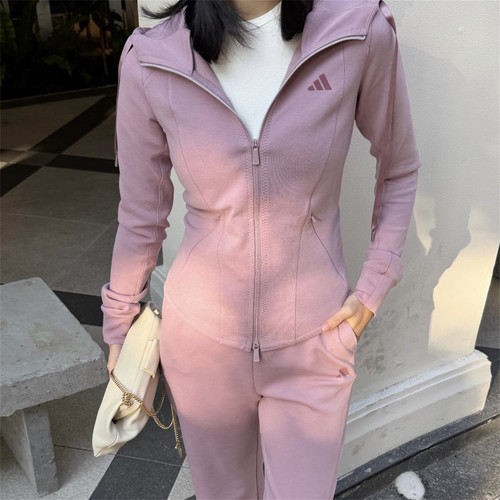 阿迪达斯 女子运动休闲潮流针织连帽夹克外套长裤 KH2700 KH2706