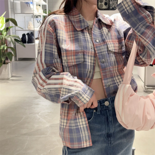 Adidas三叶草 新款女子运动休闲潮流宽松长袖格子衬衫外套 KC6277