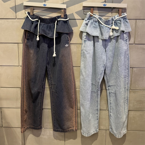 Adidas三叶草 女子运动休闲潮流花苞边牛仔裤长裤 KT3051 KS0624