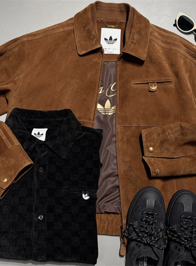 Adidas三叶草 Refined 男子运动休闲潮流羊皮复古夹克外套 KV5939