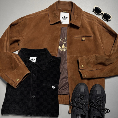 Adidas三叶草 Refined 男子运动休闲潮流羊皮复古夹克外套 KV5939