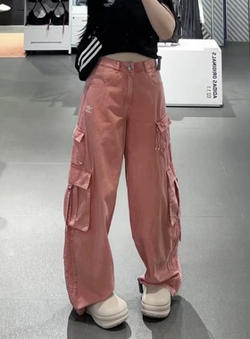 Adidas三叶草 女子运动潮流刺绣工装牛仔裤长裤 KD4113 KD4114