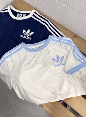 Adidas三叶草 女子运动休闲潮流条纹宽松短袖T恤 IR7466 IR7469