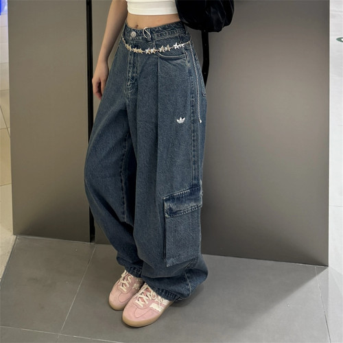 Adidas三叶草 女子运动休闲潮流宽松经典牛仔长裤 KC5813 KC5825
