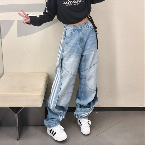 Adidas三叶草 女子运动休闲潮流宽松阔腿纯棉牛仔裤长裤 KY5188