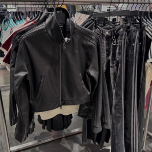 Adidas三叶草 女子运动休闲潮流PU立领短款皮衣夹克外套 JW7291