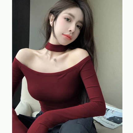 纯欲风一字领挂脖长袖t恤女早秋设计感小众辣妹修身打底衫上衣