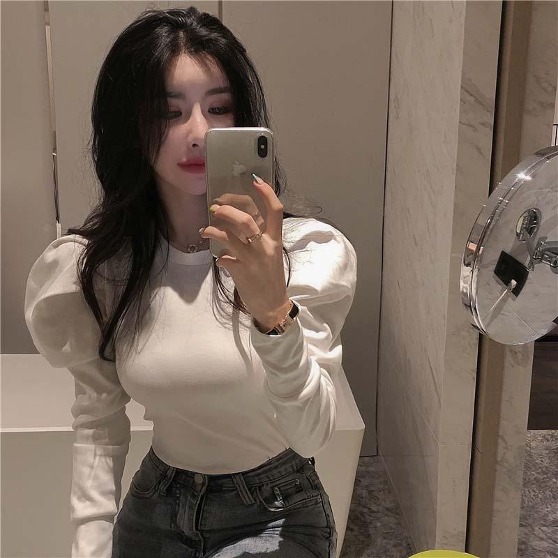 设计感独特别致小众泡泡袖打底衫长袖女新款秋冬百搭修身韩版上衣