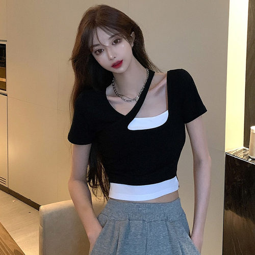 撞色短袖韩版适中假两件棉女