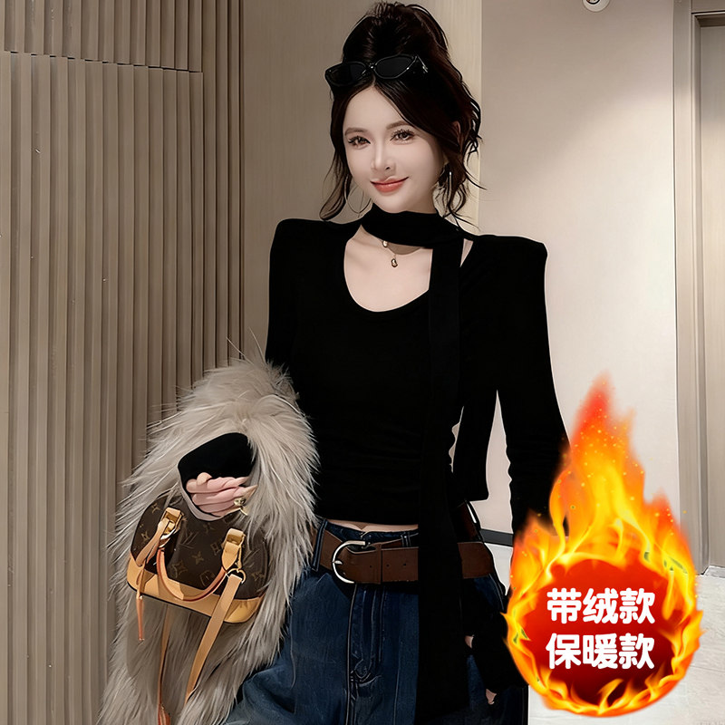 韩系小众高级感飘带V领长袖T恤